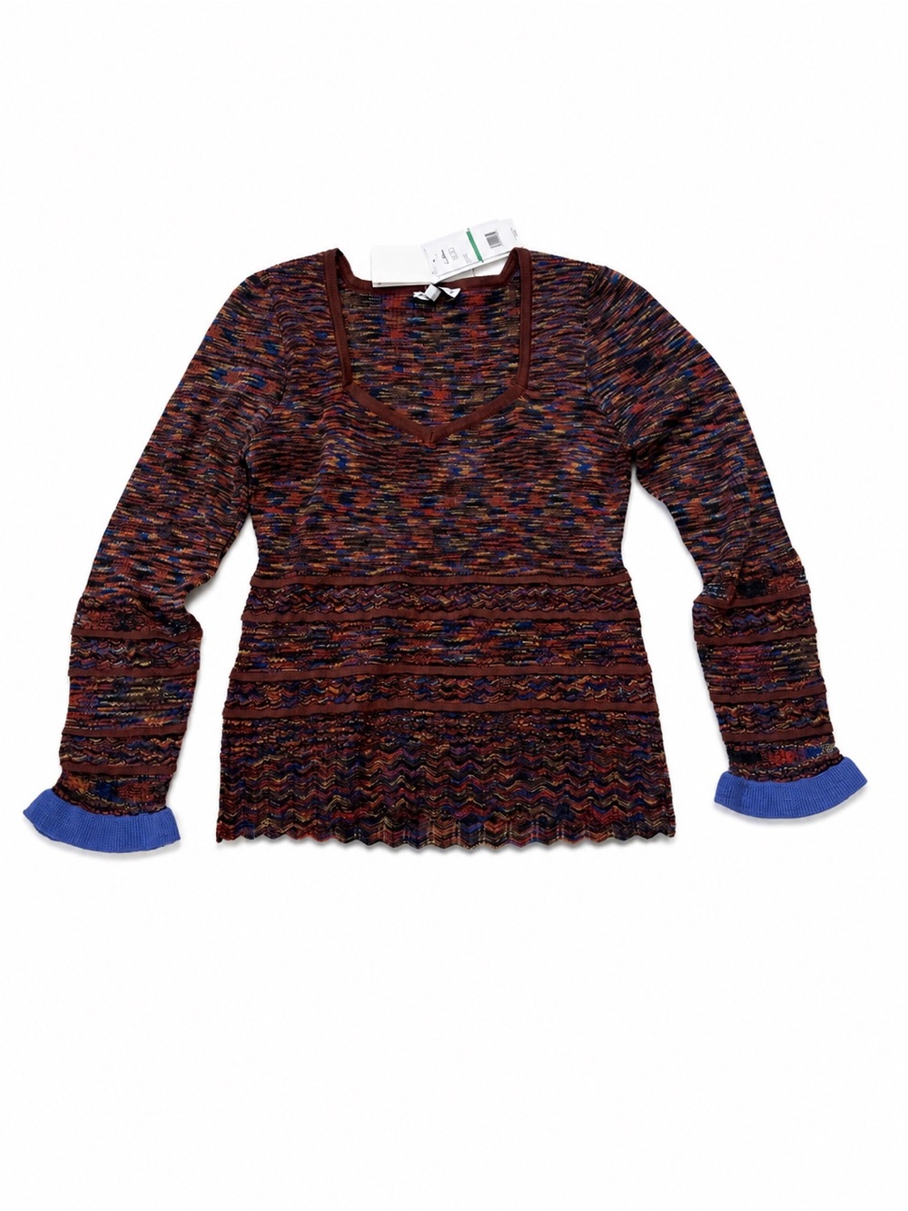Sam Edelman Multicolor Knit V-Neck Sweater Top - Brown with Blue Accents